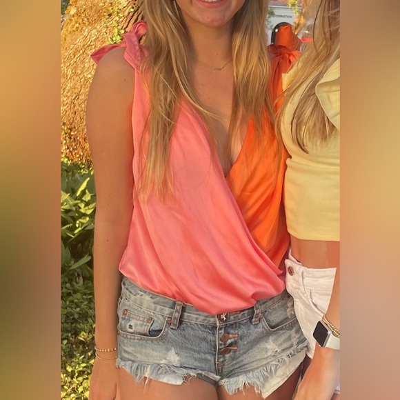 Beginning Boutique Tops - Pink/orange silk tie bodysuit